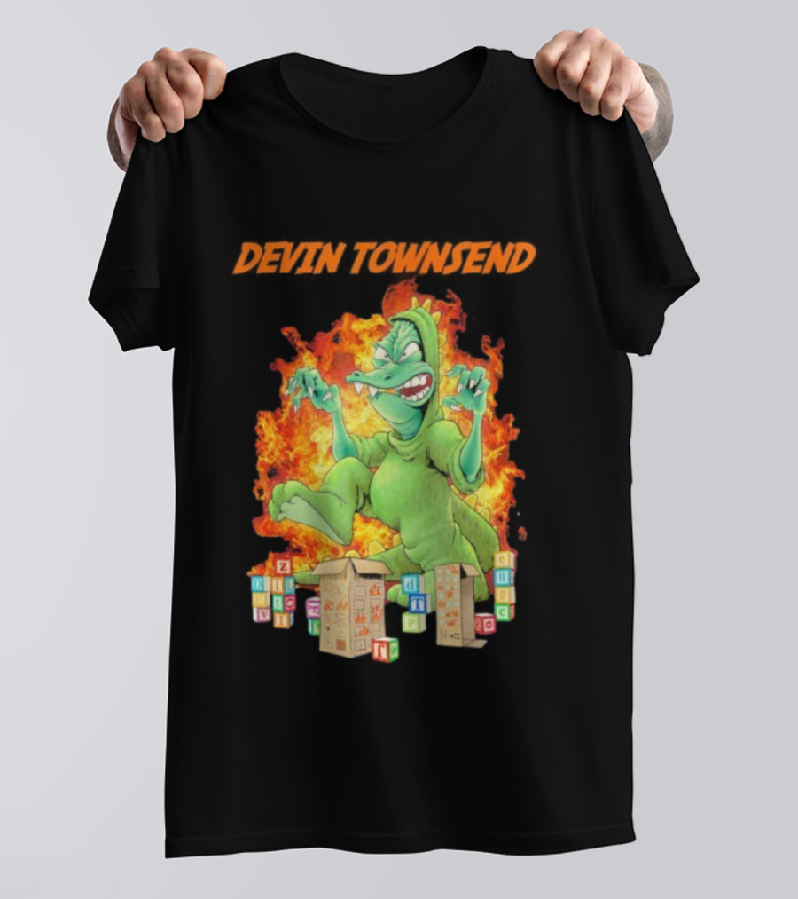 Devin Townsend Godziltoid Cartoon Dinosaur Blocks Fire Design T-Shirt