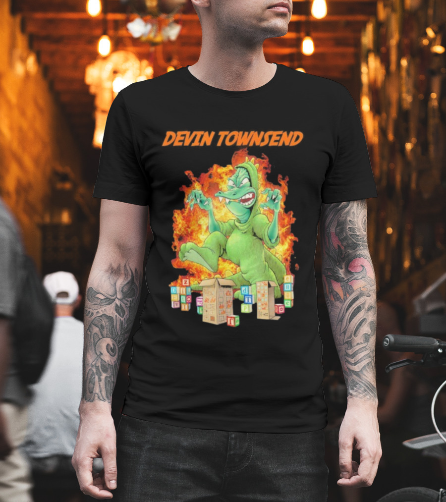 Devin Townsend Godziltoid Cartoon Dinosaur Blocks Fire Design T-Shirt