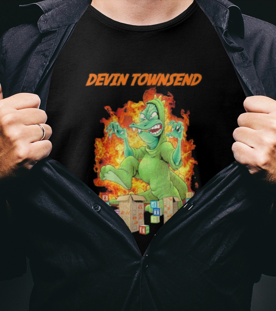 Devin Townsend Godziltoid Cartoon Dinosaur Blocks Fire Design T-Shirt