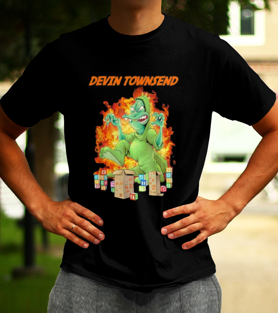 Devin Townsend Godziltoid Cartoon Dinosaur Blocks Fire Design T-Shirt