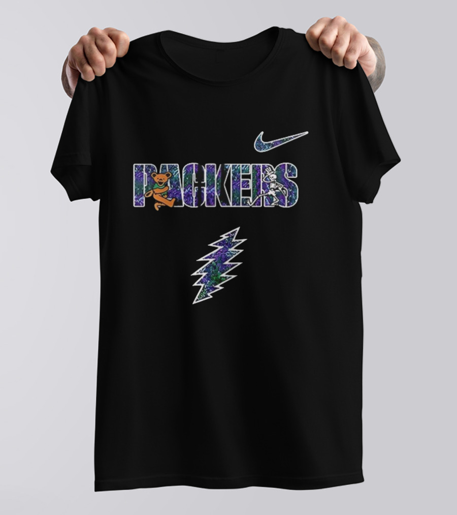 Packers Grateful Dead Bear Skeleton Nike Lightning Bolt T-Shirt