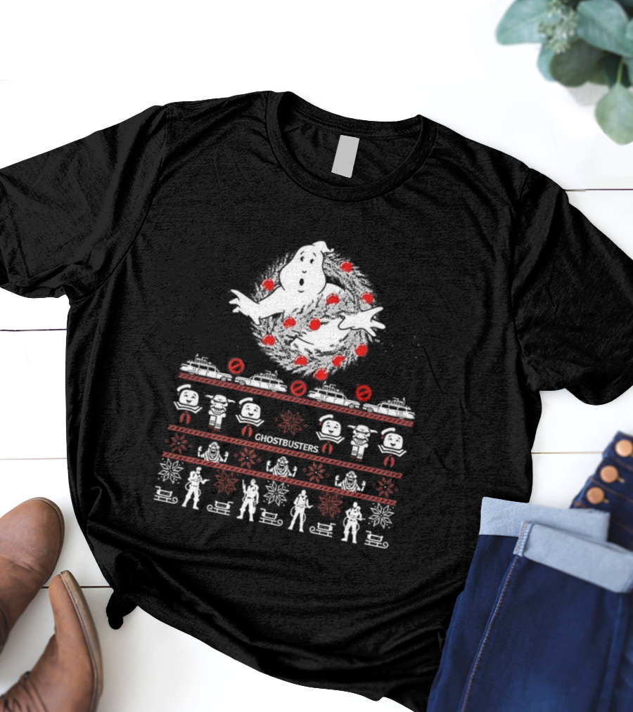 Ghostbusters Movie Christmas Sweater Style Ectomobile And Marshmallow Man T-Shirt