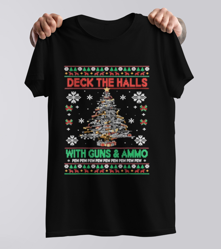 Retro Deck The Halls With Guns And Ammo Funny Christmas Tree Snowflakes Holiday T-Shirt