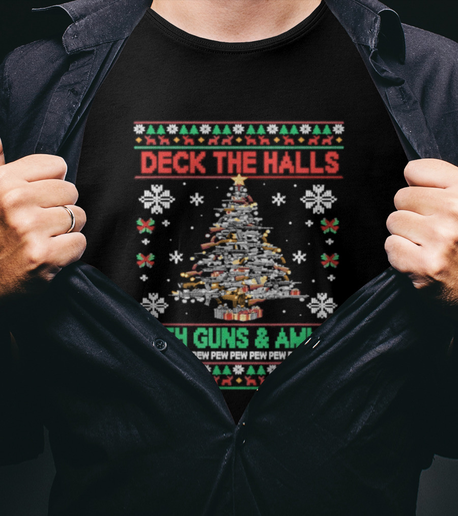 Retro Deck The Halls With Guns And Ammo Funny Christmas Tree Snowflakes Holiday T-Shirt