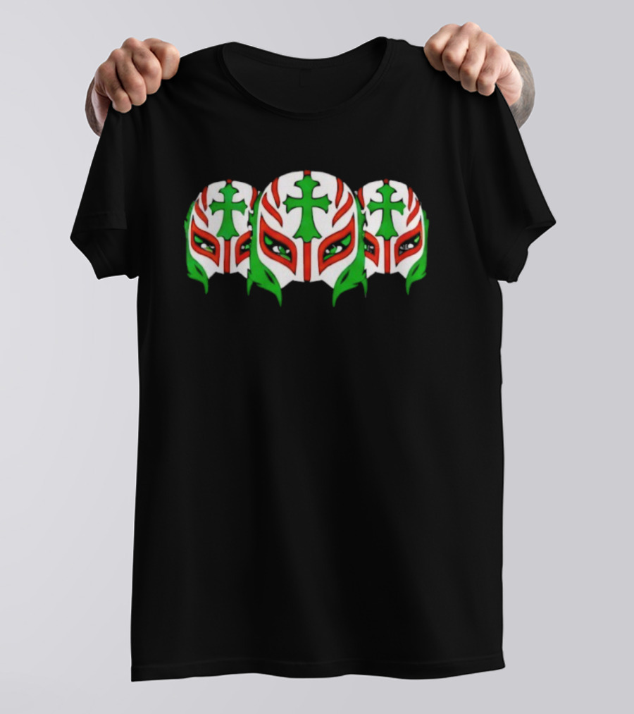 Rey Mysterio Three Mexican Flag Color Masks With Green Cross T-Shirt