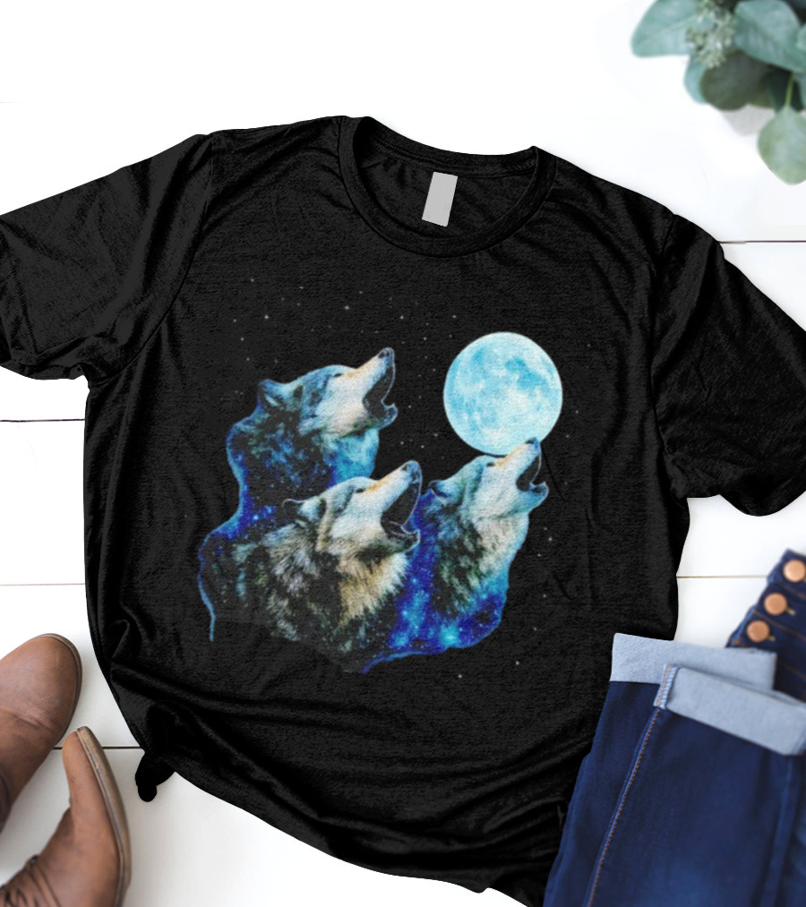 Three Wolves Howling At Cyan Moon Cosmic Night Glow T-Shirt