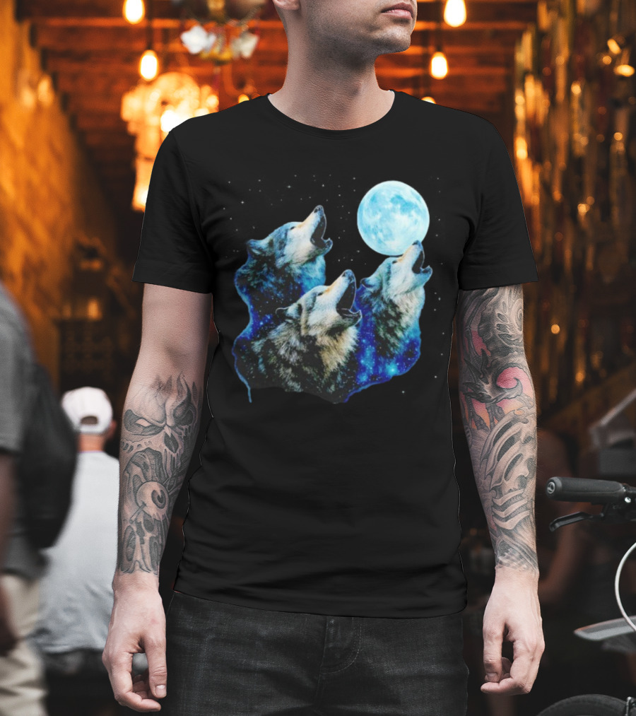 Three Wolves Howling At Cyan Moon Cosmic Night Glow T-Shirt