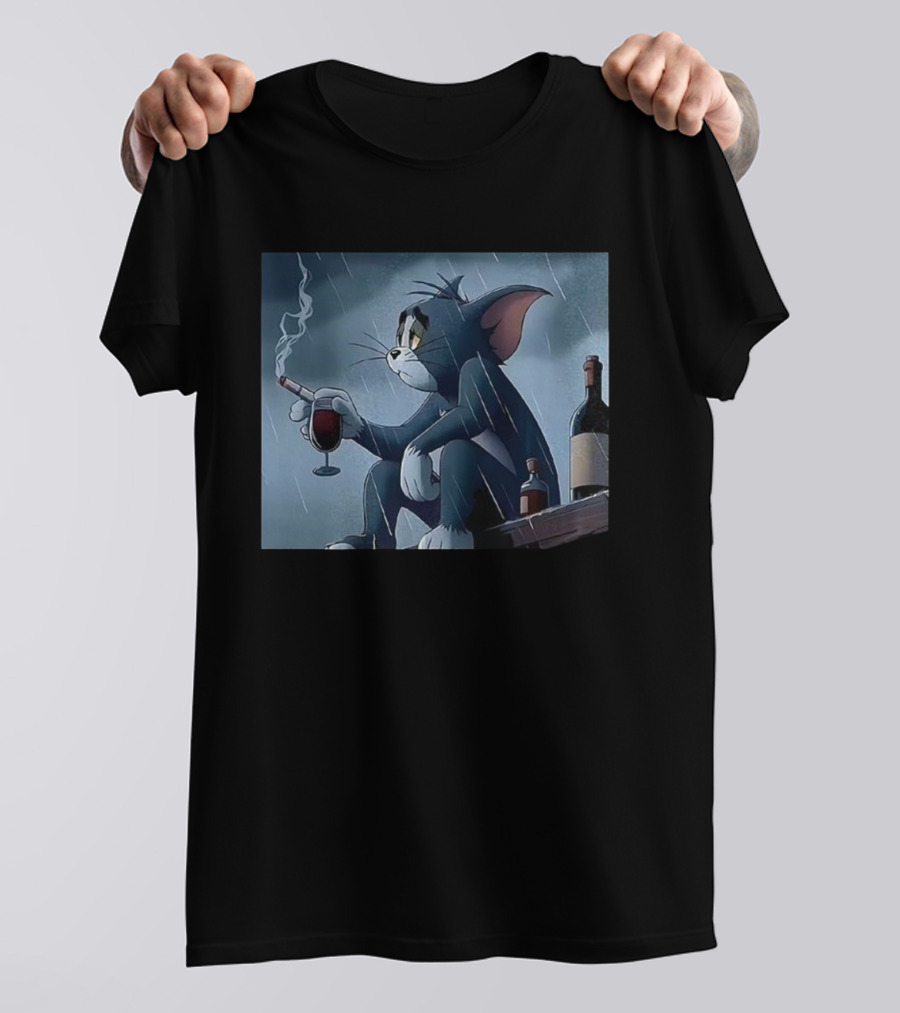 Tom Pensive And Sad Smoking In The Rain With Wine And Bottles T-Shirt