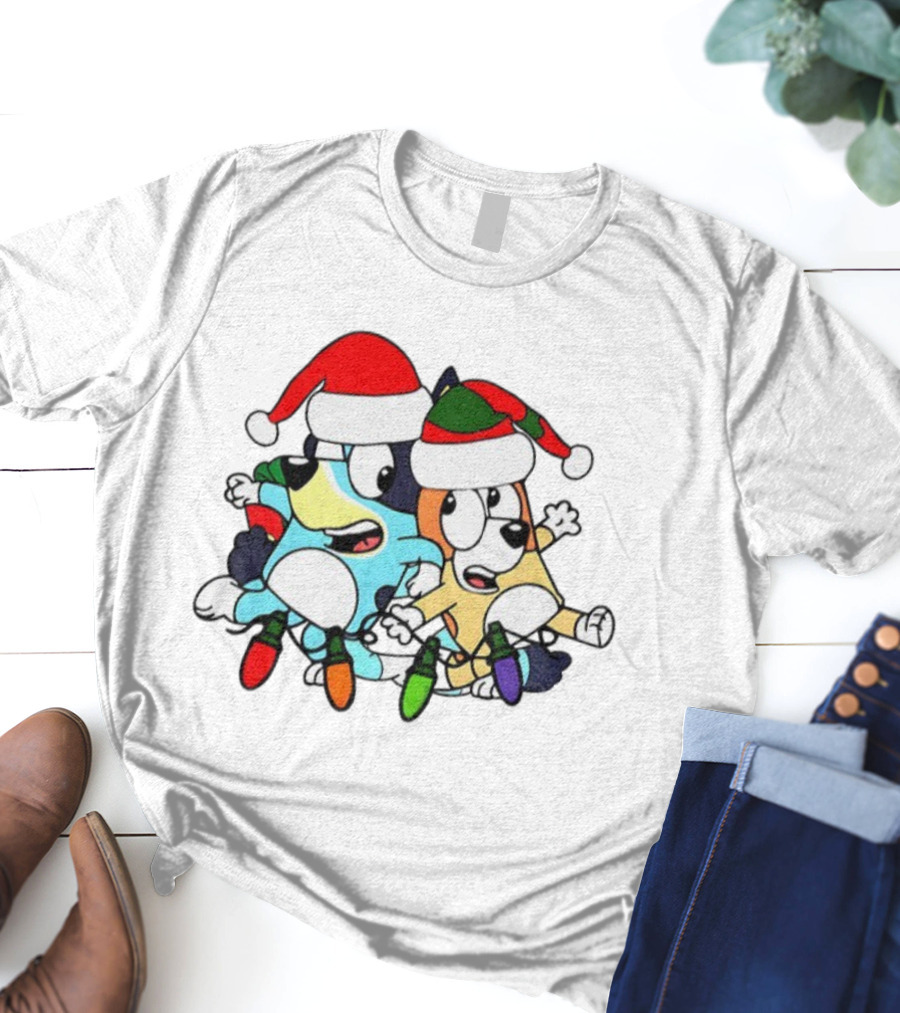 Bluey And Bingo Santa Hat Christmas Lights Merry Christmas 2025 Holiday Fun T-Shirt