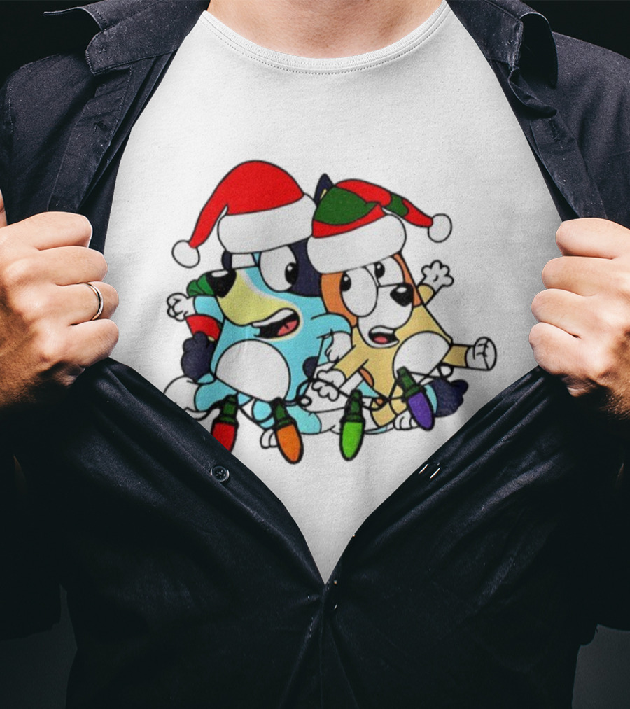 Bluey And Bingo Santa Hat Christmas Lights Merry Christmas 2025 Holiday Fun T-Shirt