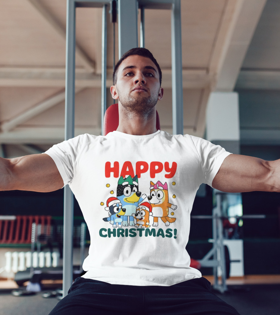 Bluey Family Happy Christmas Santa Hat Celebration T-Shirt