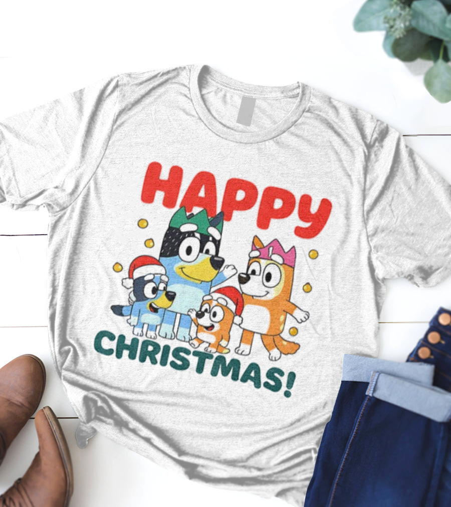 Bluey Family Happy Christmas Santa Hat Celebration T-Shirt