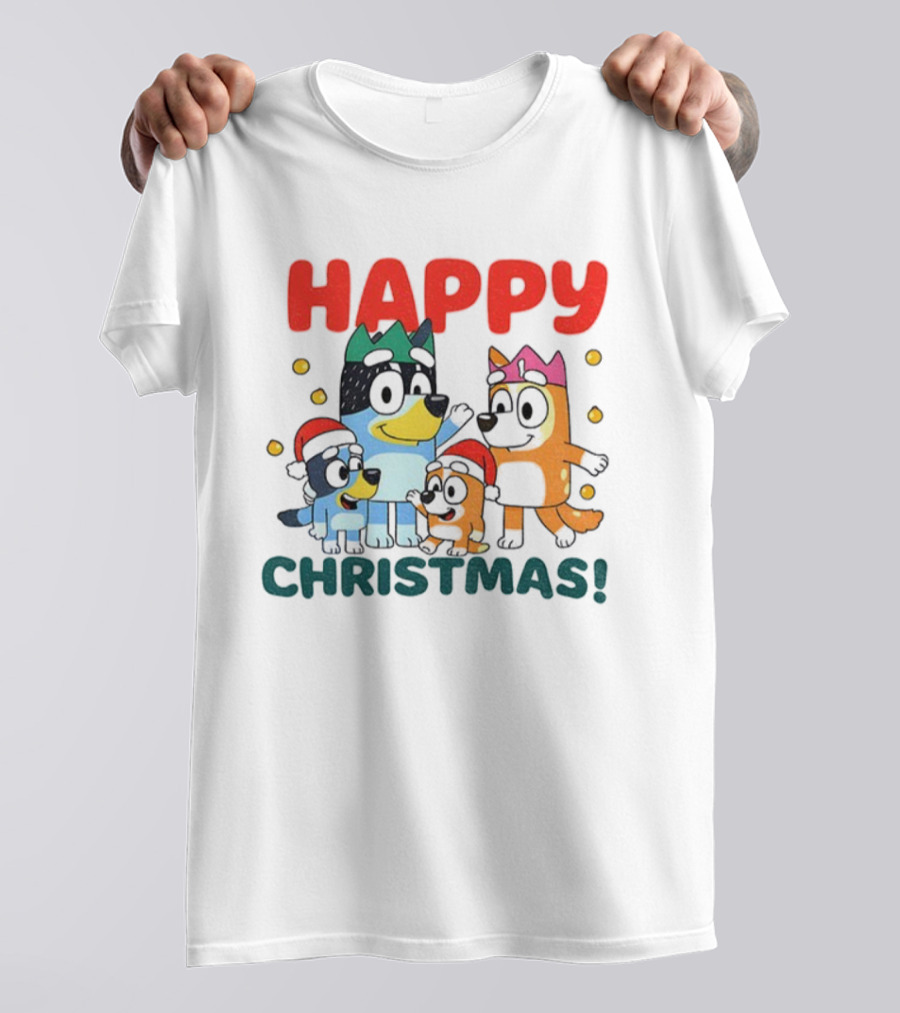 Bluey Family Happy Christmas Santa Hat Celebration T-Shirt