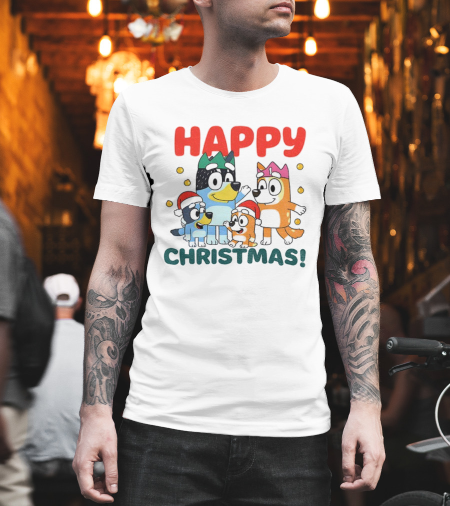 Bluey Family Happy Christmas Santa Hat Celebration T-Shirt