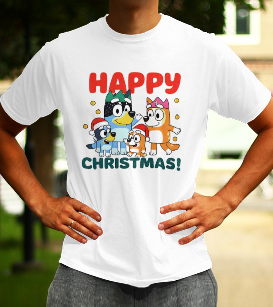 Bluey Family Happy Christmas Santa Hat Celebration T-Shirt