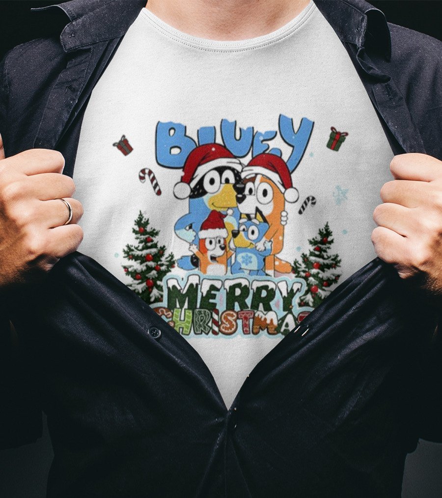 Bluey Family Santa Hat Merry Christmas Holiday Celebration T-Shirt