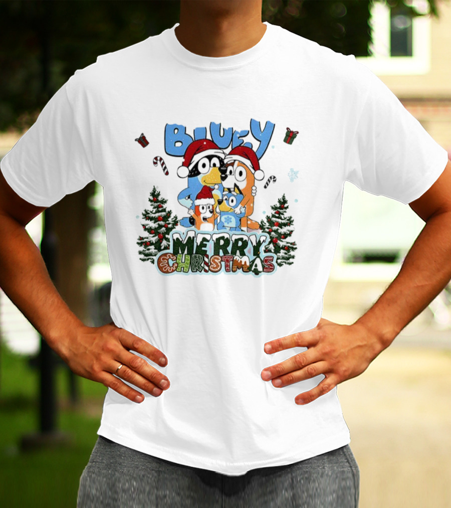 Bluey Family Santa Hat Merry Christmas Holiday Celebration T-Shirt