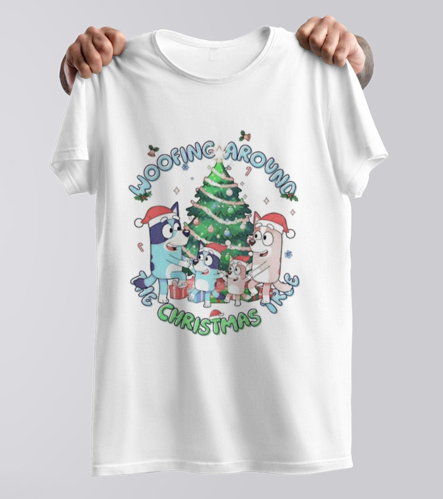 Bluey Family Woofing Around Christmas Tree Santa Hat Merry Christmas T-Shirt