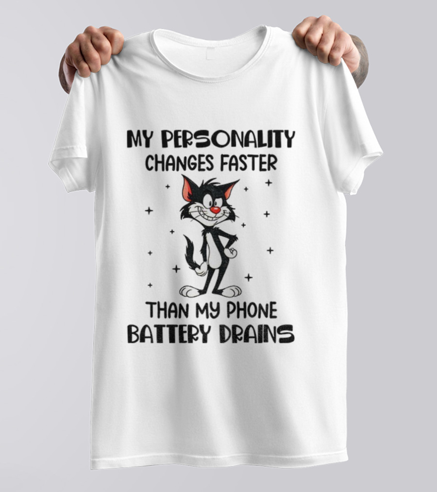Funny Cat My Personality Changes Faster Than My Phone Battery Drains T-Shirt