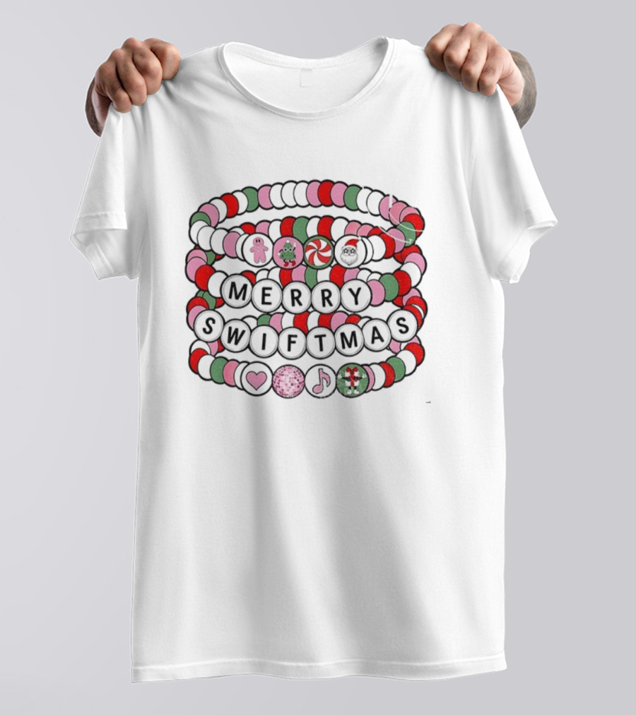 Merry Swiftmas Friendship Bracelet Christmas Beads Pink Red Green Holiday Icons T-Shirt