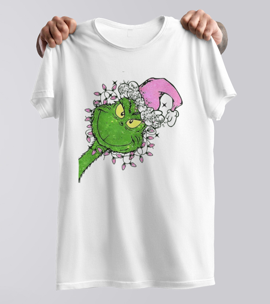 Pink Santa Grinch Feeling Extra Grinchy Today Christmas Lights T-Shirt