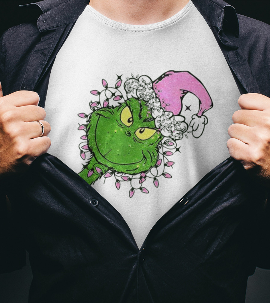 Pink Santa Grinch Feeling Extra Grinchy Today Christmas Lights T-Shirt