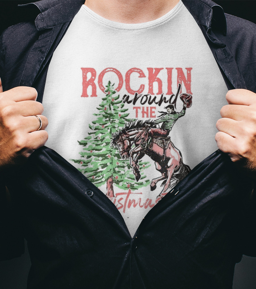 Rockin Around The Christmas Tree Cowboy Country Retro Christmas Cowboy And Tree T-Shirt