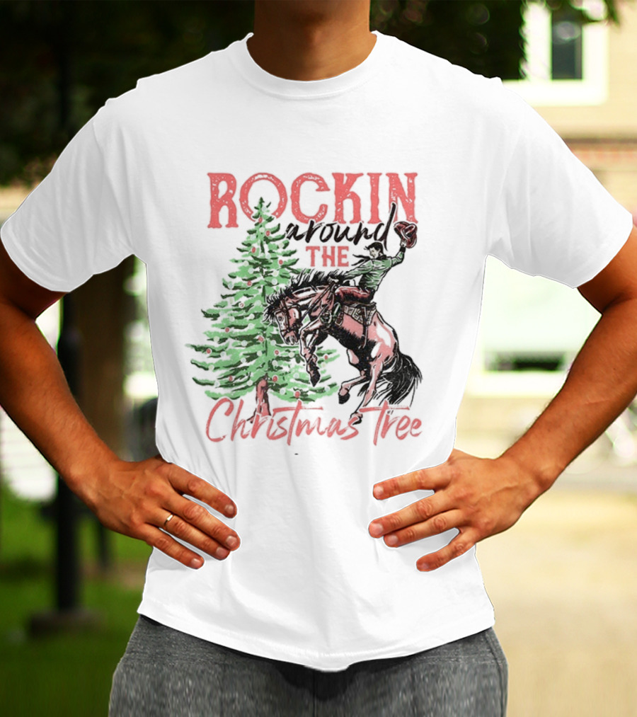 Rockin Around The Christmas Tree Cowboy Country Retro Christmas Cowboy And Tree T-Shirt