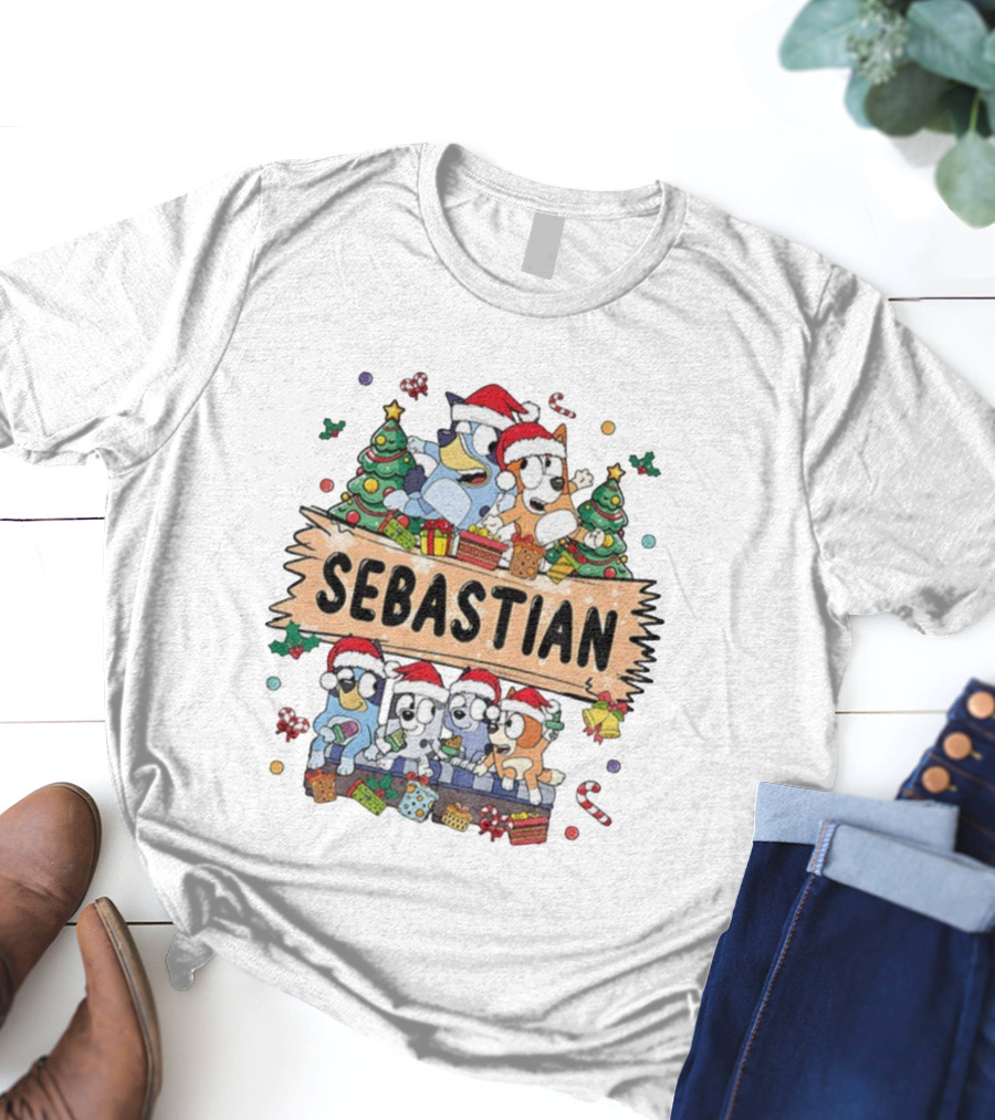 Sebastian Bluey Family Christmas Santa Hats Holiday Celebration T-Shirt