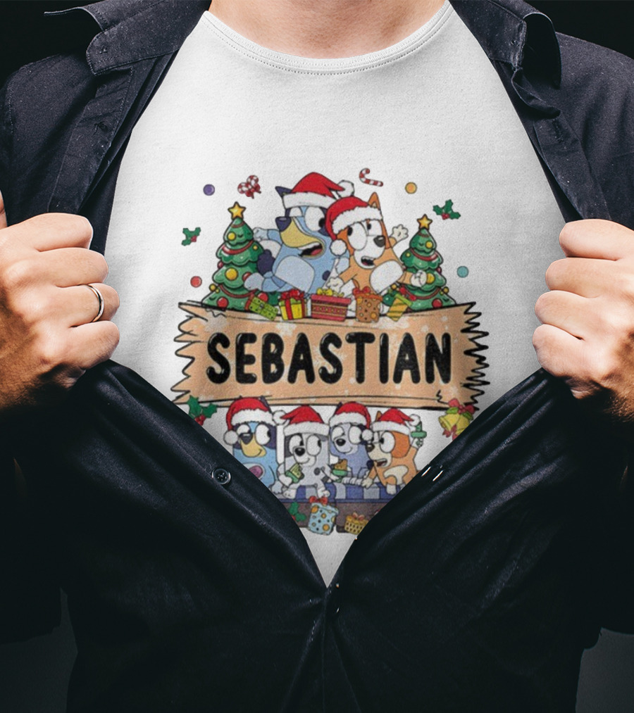 Sebastian Bluey Family Christmas Santa Hats Holiday Celebration T-Shirt
