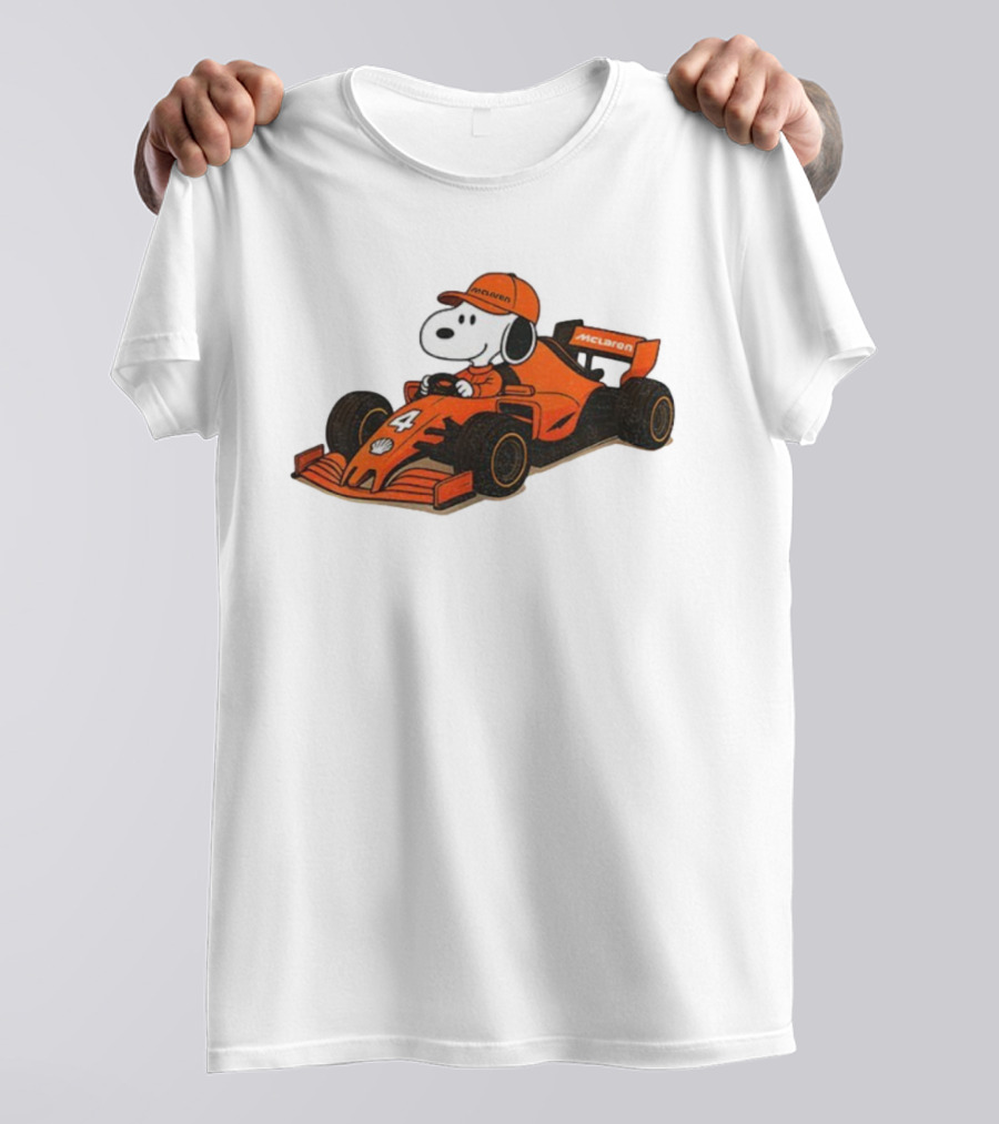 Snoopy Driving McLaren Formula One Car With Number 4 Racing Cap T-Shirt