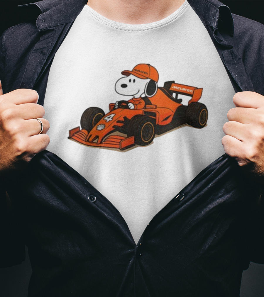 Snoopy Driving McLaren Formula One Car With Number 4 Racing Cap T-Shirt