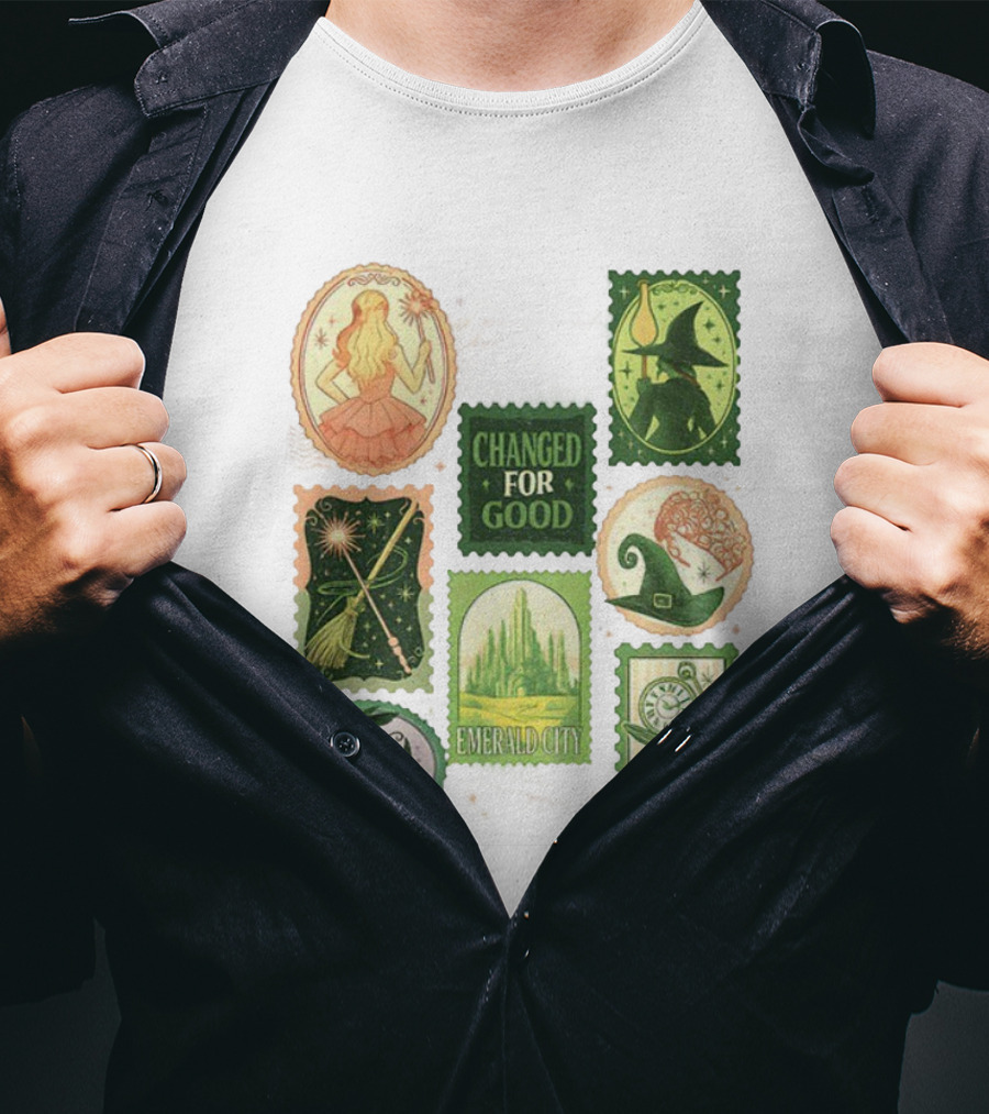 Wicked Changed For Good Emerald City Merry Christmas Glinda Elphaba Wizard Wand Witch Hat T-Shirt