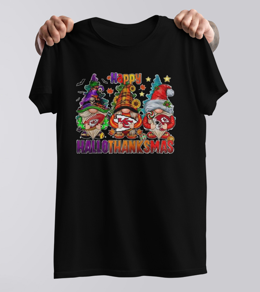 Kansas City Chiefs Happy Hallothanksmas Festive Gnomes Halloween Thanksgiving Christmas T-Shirt