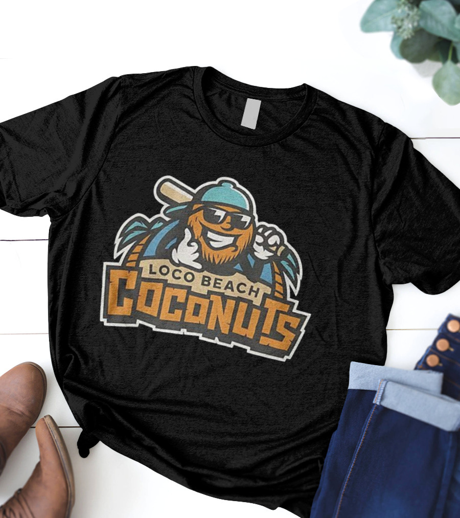 Loco Beach Coconuts Baseball Cartoon Character With Sunglasses And Bat T-Shirt