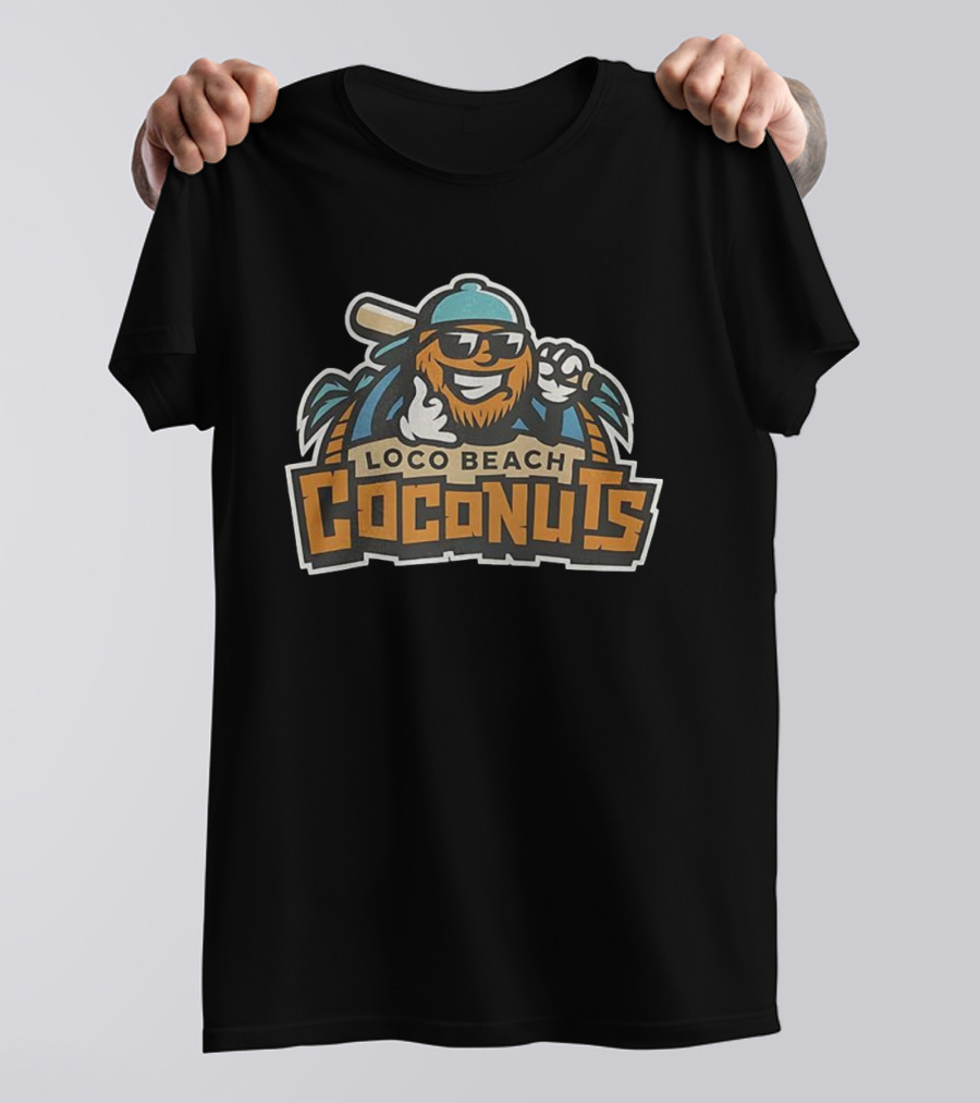 Loco Beach Coconuts Baseball Cartoon Character With Sunglasses And Bat T-Shirt