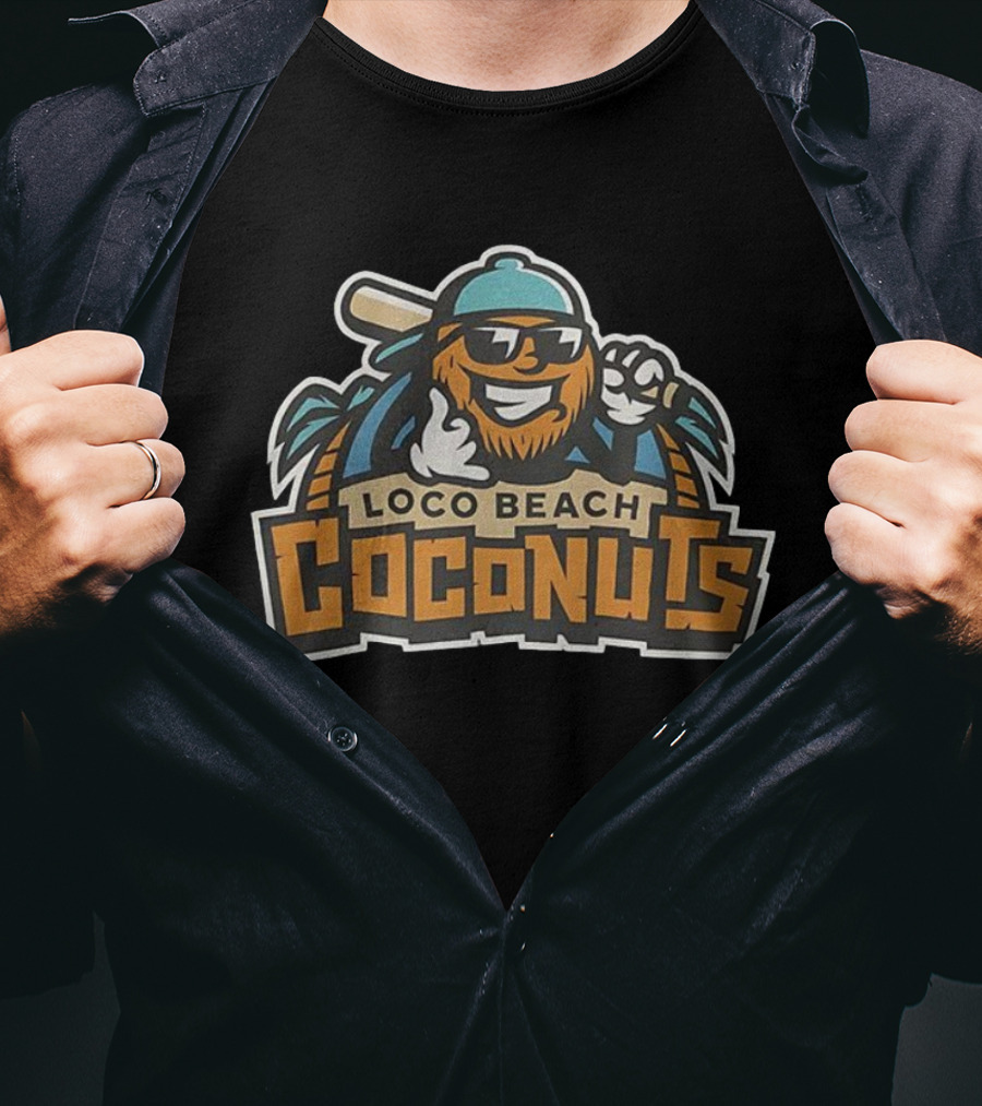 Loco Beach Coconuts Baseball Cartoon Character With Sunglasses And Bat T-Shirt
