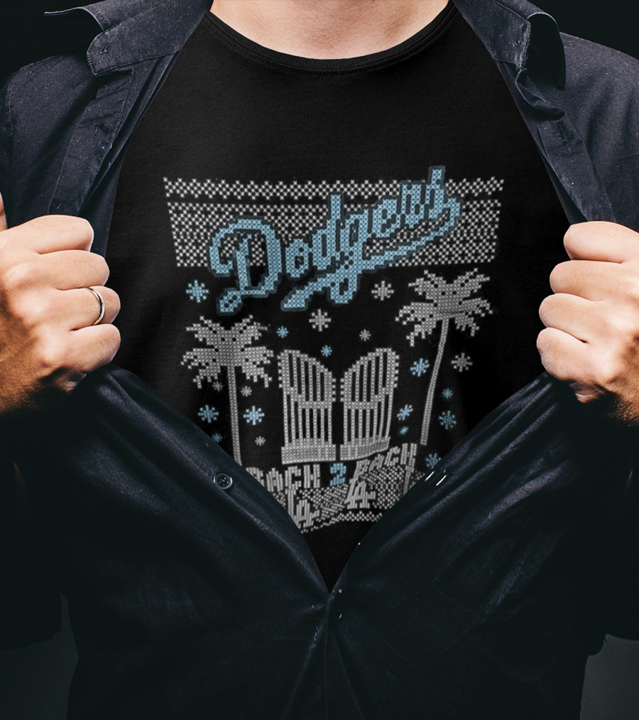 Los Angeles Dodgers Back 2 Back Ugly Christmas Dodger Stadium Palms Snowflakes T-Shirt