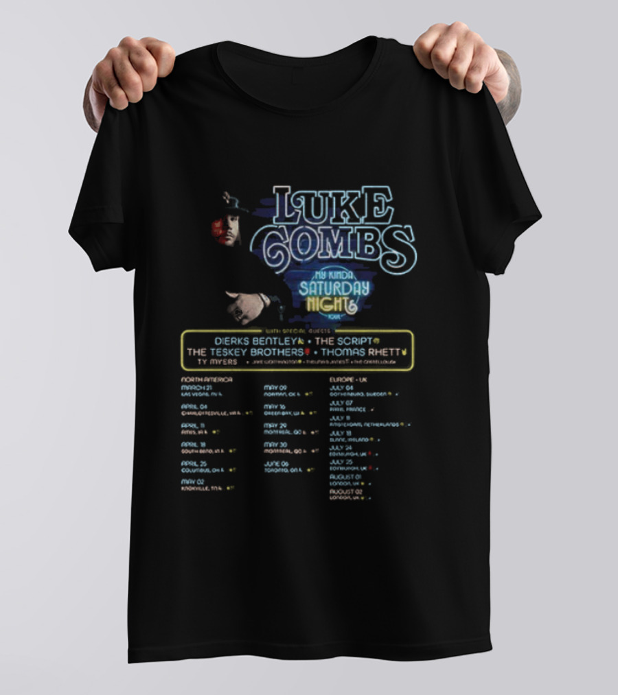 Luke Combs 2026 My Kinda Saturday Night Tour Dierks Bentley Kip Moore Tracy Byrd Thomas Rhett Events Dates T-Shirt