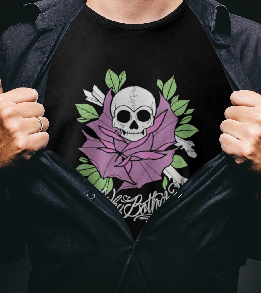 Why Bother Skull Rose With Purple Flower And Green Leaves T-Shirt
