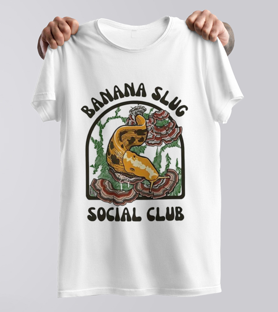 Banana Slug Social Club Nature-Inspired Design With Forest And Mushrooms T-Shirt