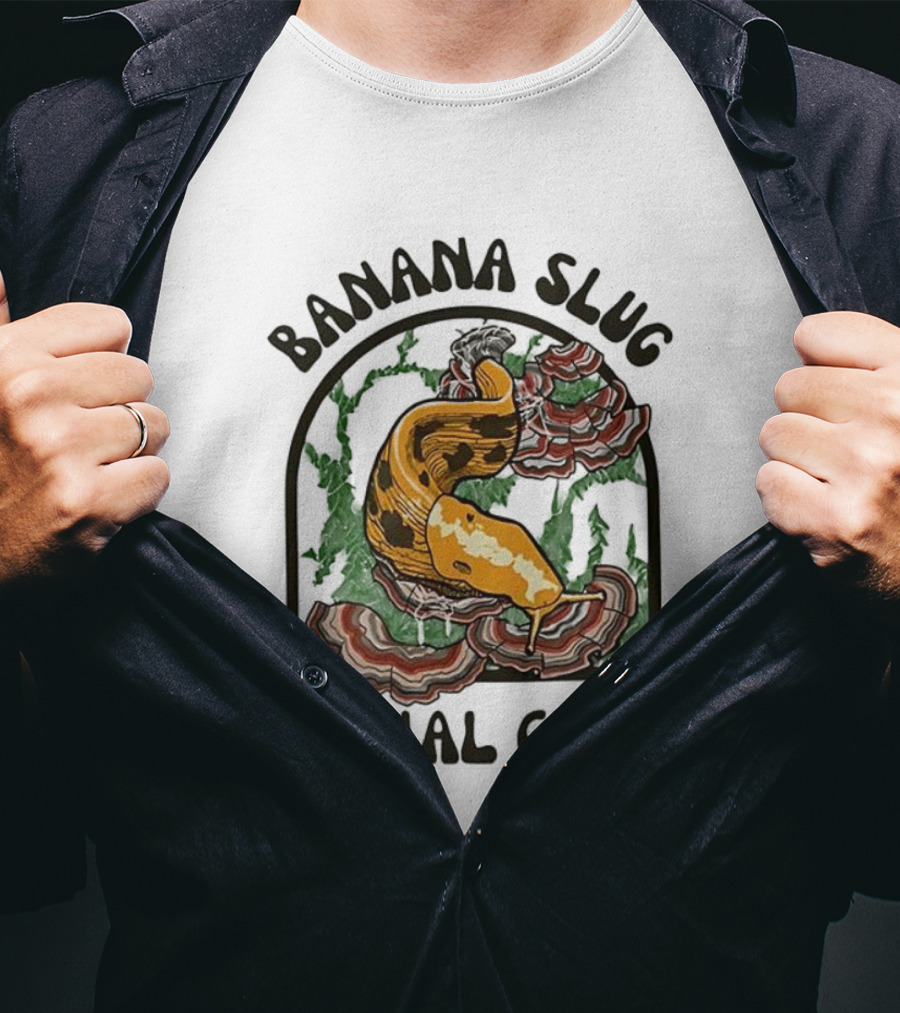 Banana Slug Social Club Nature-Inspired Design With Forest And Mushrooms T-Shirt