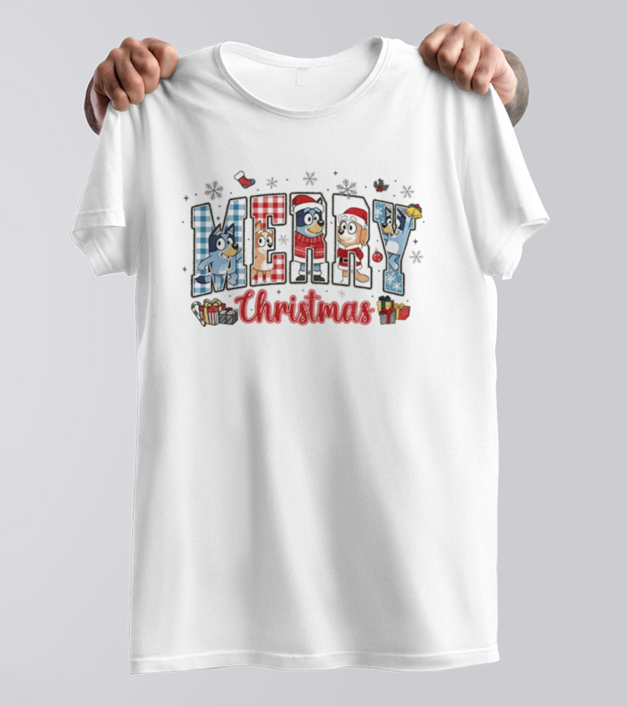 Merry Christmas Bluey Dog Friends In Santa Hats 2025 T-Shirt