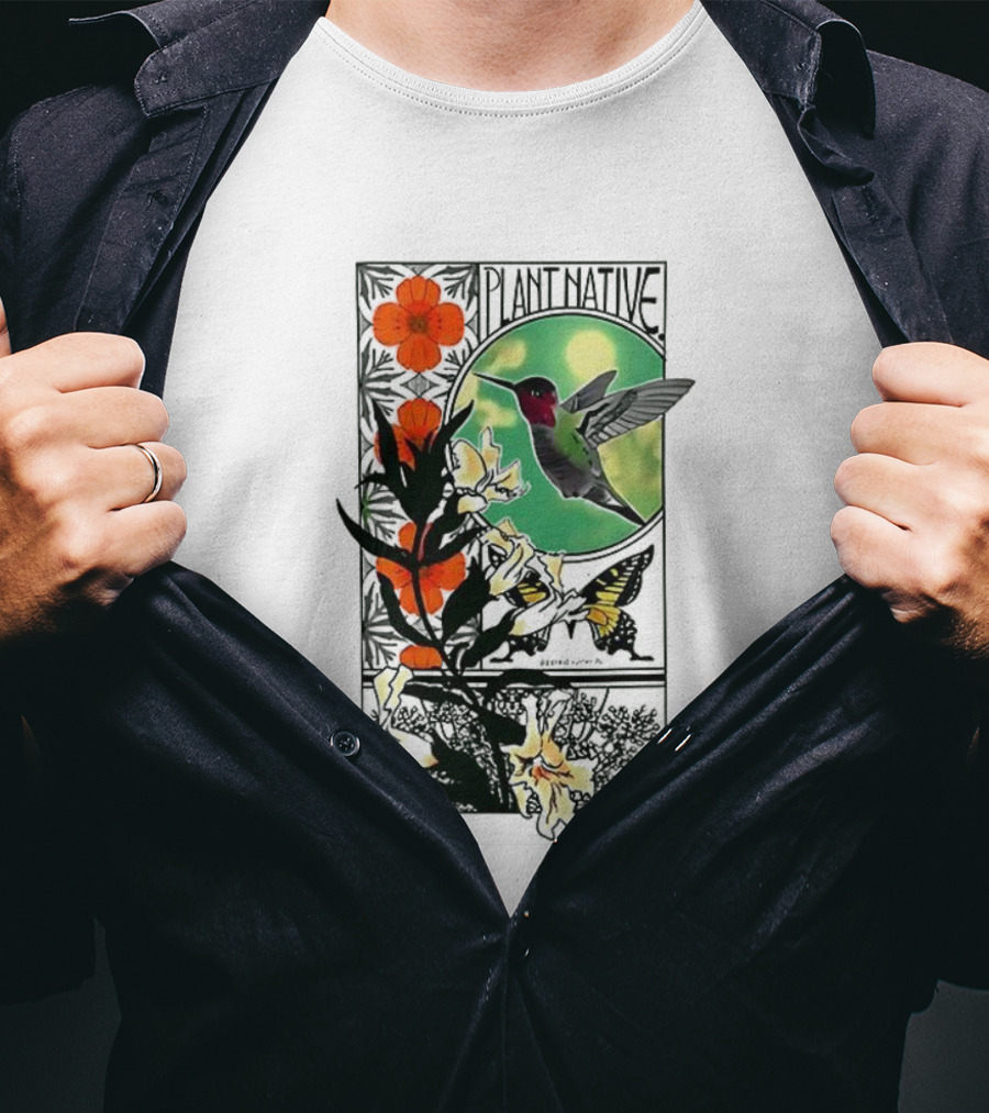 Plant Native Bird Hummingbird Floral Wildlife Scene T-Shirt
