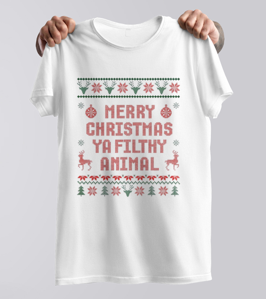 Merry Christmas Ya Filthy Animal Ugly Sweater 2025 Festive Holiday Poinsettia Reindeer T-Shirt