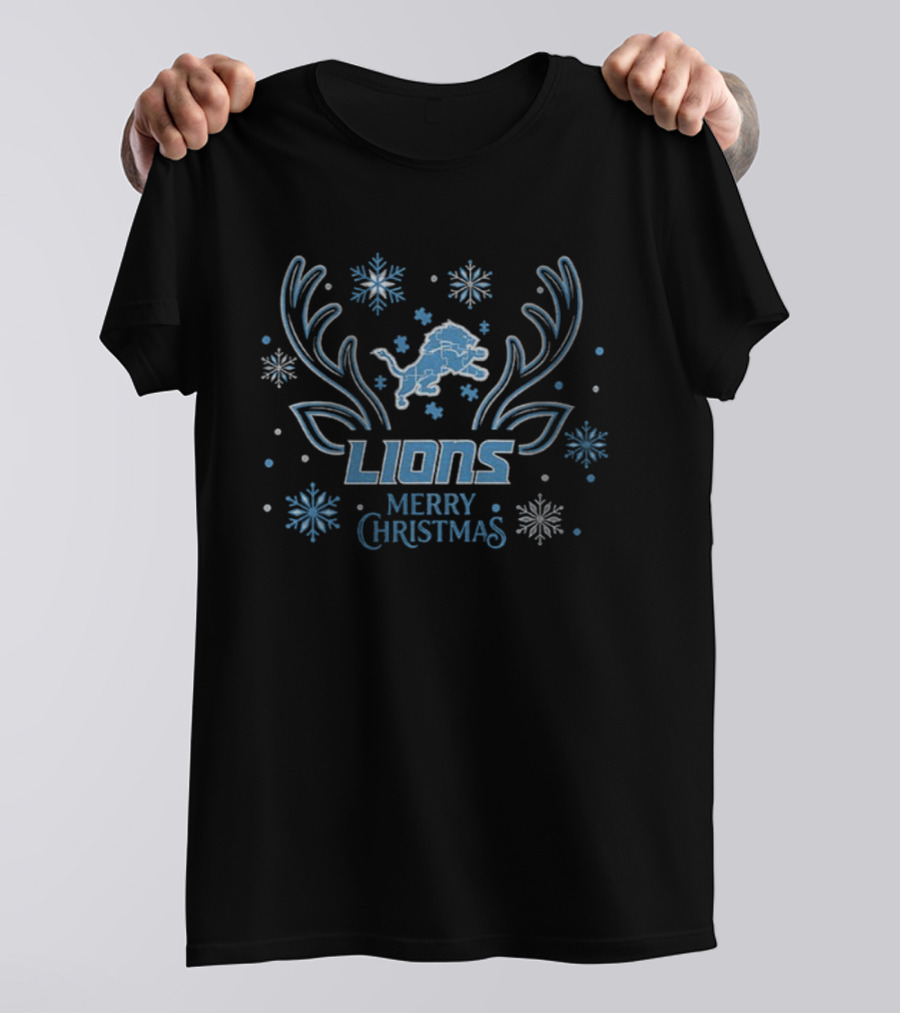 Lions Merry Christmas Detroit Football Snowflakes Antlers T-Shirt