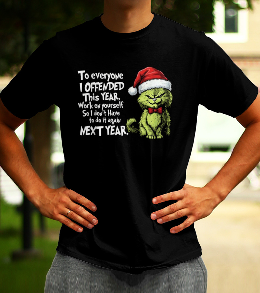To Everyone I Offended This Year Work On Yourself Grinch Christmas Santa Hat Red Bow Tie T-Shirt