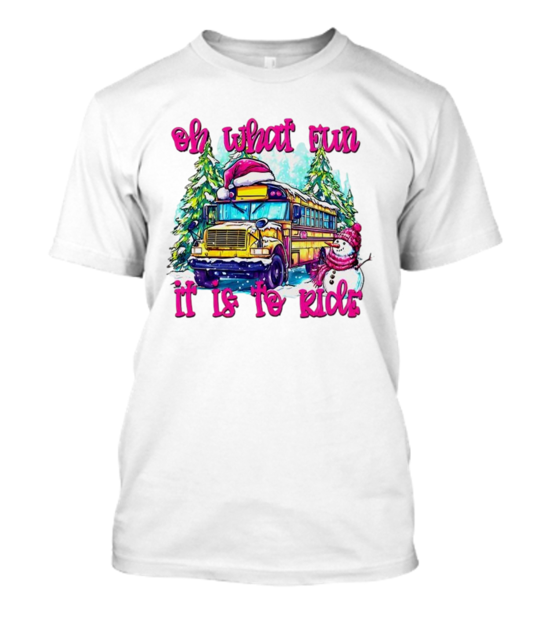 Oh What Fun It Is To Ride Christmas School Bus Snowman Scene T-Shirt