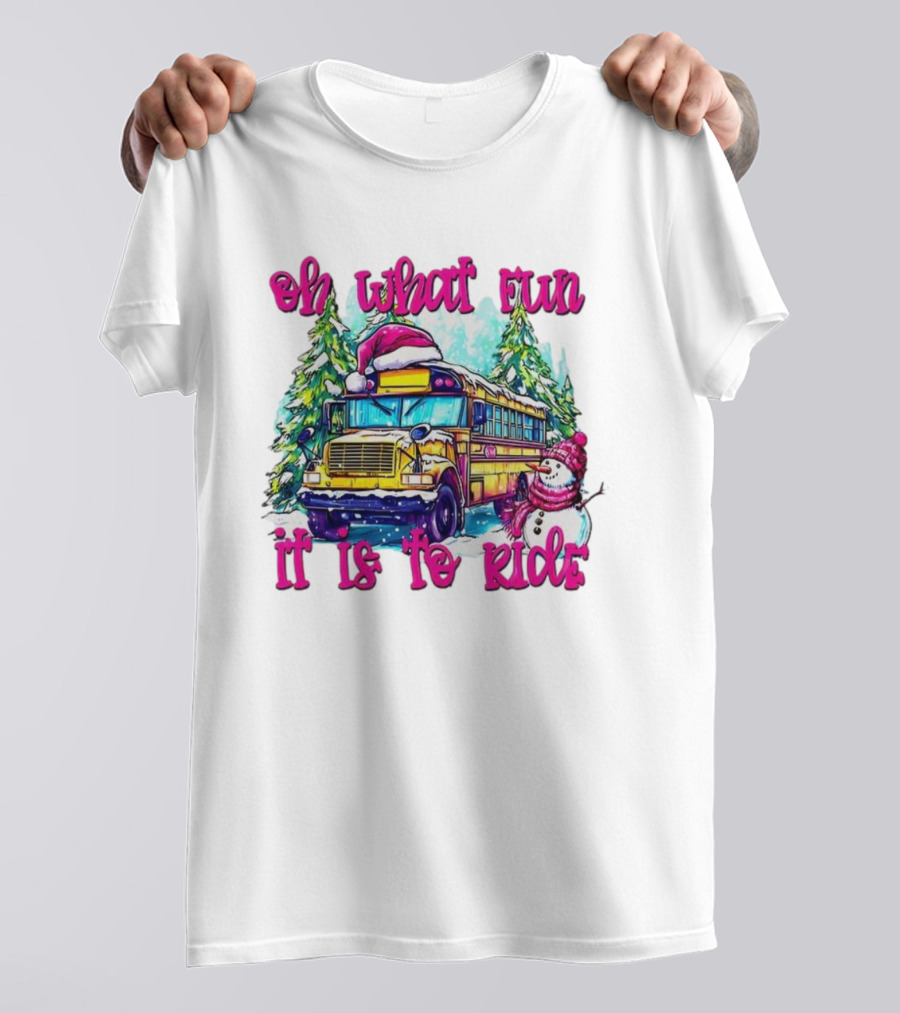 Oh What Fun It Is To Ride Christmas School Bus Snowman Scene T-Shirt