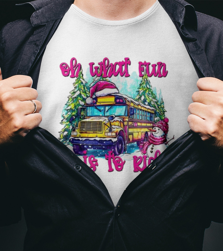 Oh What Fun It Is To Ride Christmas School Bus Snowman Scene T-Shirt